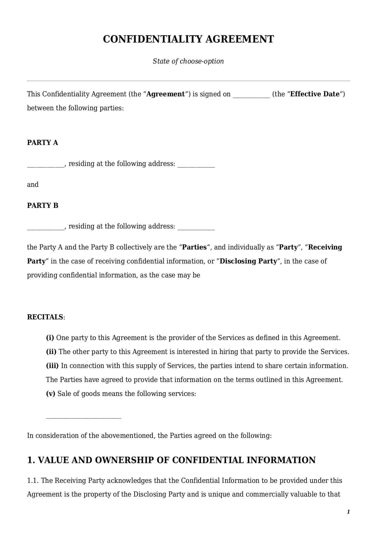 First page of the Confidentiality Agreement template