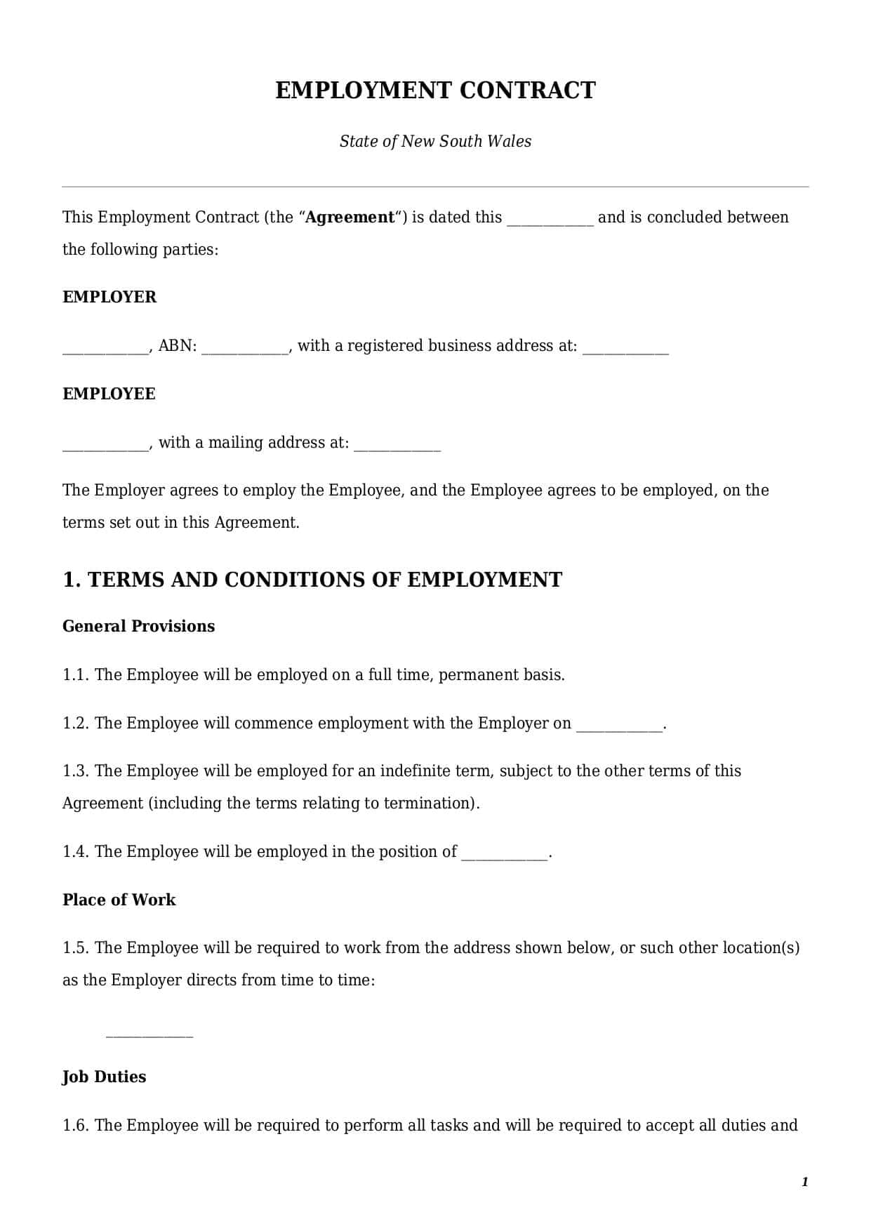 First page of the Employment Contract template