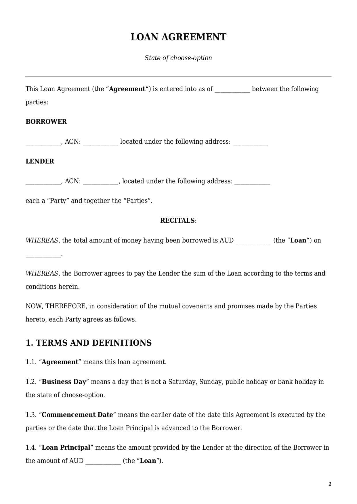 First page of the Loan Agreement template