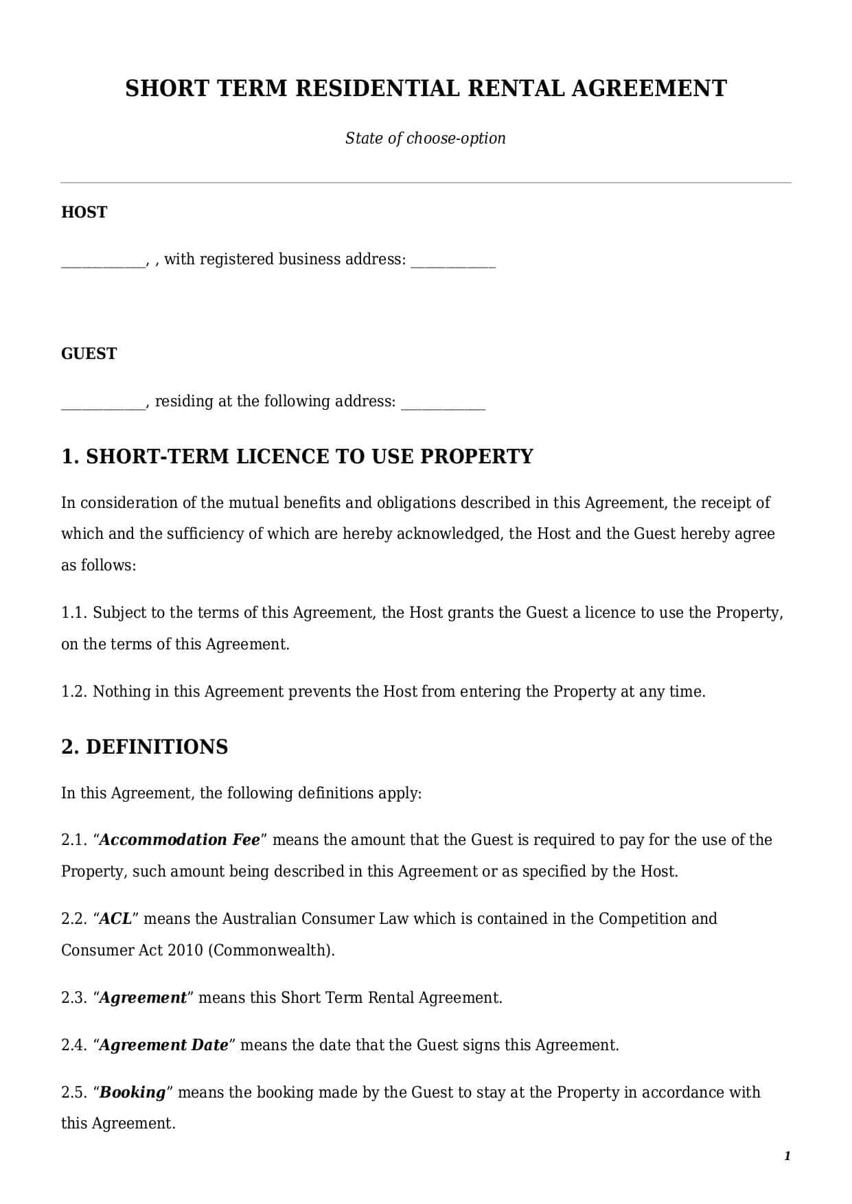 First page of the Short Term Residential Rental Agreement template